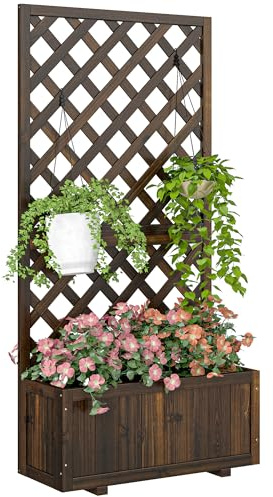 Outsunny Garden Planter with Trellis, 45L Raised Bed for Climbing Plants, Vines, Flowers, Outdoor Planter Box for Patio, 72.5 x 31.5 x 149.5 cm, Carbonised Finish