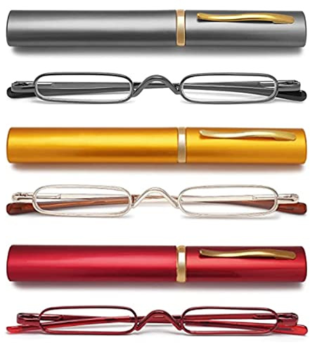 Hubeye 3 Pairs Mini Reading Glasses Compact Spring Hinged Slim Pocket Readers with Pen Clip for Easy Carry +1.0