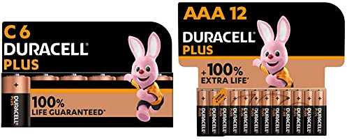 Duracell Plus C Alkaline Batteries [Pack of 6], 1.5V LR14 MN1400 & Plus AAA Alkaline Batteries [Pack of 12], 1.5V LR03 MN2400