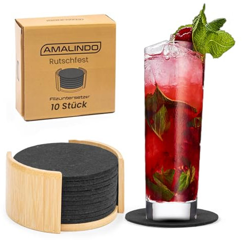 AMALINDO Filz Untersetzer für Gläser Grau Ø11cm 10 Glasuntersetzer Grau Rund - Set Filzuntersetzer mit Bambusbox - Abwaschbar und rutschfest Untersetzer Gläser