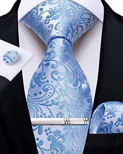 DiBanGu Light Blue Paisley Tie for Men Silk Necktie and Pocket Square Cufflinks Tie Clip Set Woven Wedding Party Formal Ties