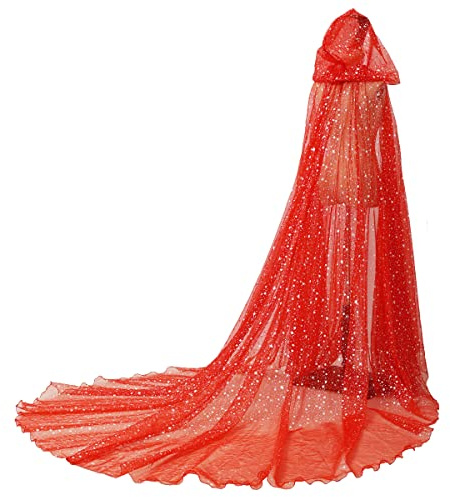 GRACEART Mantello da sposa con cappuccio mantello lungo posteriore da sposa tulle elfo abito cappella velo mantilla, Rosso-1