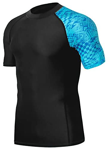 HUGE SPORTS Rashguard Homme Manches Courtes Maillot de Bain T-Shirt Surf Natation Plongée Plage (Blue Pictogram,L)