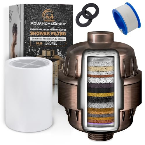 AquaHomeGroup 20 Stage Shower Filter with Vitamin C E for Hard Water - High Output Shower Water Filter to Remove Chlorine and Fluoride - 2 Cartridges Included -Consistent Water Flow Showerhead Filter