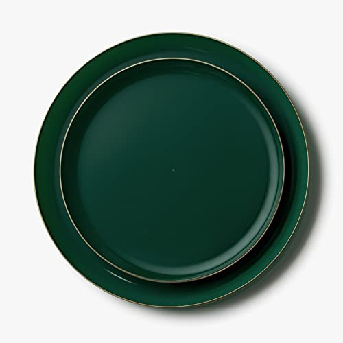 Decorline Premium Mehrweg Plastik Partygeschirr set 20 Teller Edge-Kollektion, Wiederverwendbares Teller Grün mit Goldenem Rand | Set 2 Größen - 10x 26cm + 10x 21cm je 10 Stück - Grün/Gold