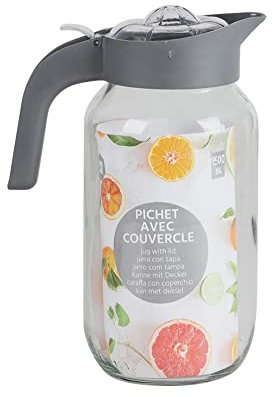 Emilja® Glaskrug Pichet 1,5L mit Deckel und Ausgießsieb Pichet - grau Glaskaraffe Saftkrug Wasserkrug