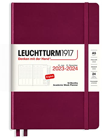 LEUCHTTURM1917 367553 Akademischer Wochenplaner Medium (A5) 2024, 18 Monate, Port Red, Englisch