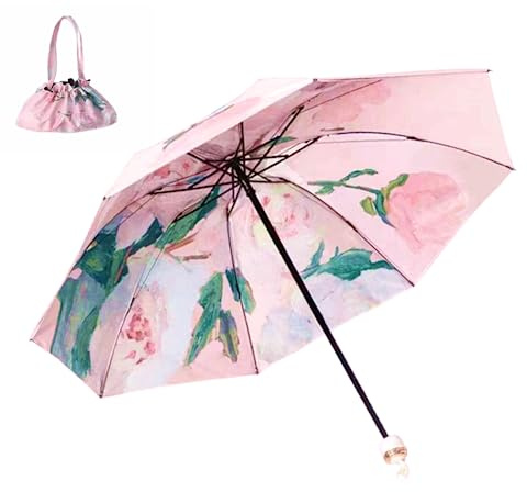 Loudy ZDZ Dual-use Elegant Manual Compact Travel Folding Umbrella For Rain Wind and Sun, Double-sided Printed Oil Painting Floral Umbrella UV Ultraviolet Protection UPF50+