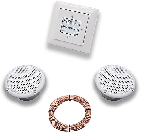 Busch Jäger iNet Internet Unterputz Radio 8216U Balance SI Alpinweiß, Komplett-Set mit 2 x Decken Feuchtraumlautsprecher/Badezimmer + 20 m Lautsprecherkabel 2x0,75 mm2 8216 U Internetradio