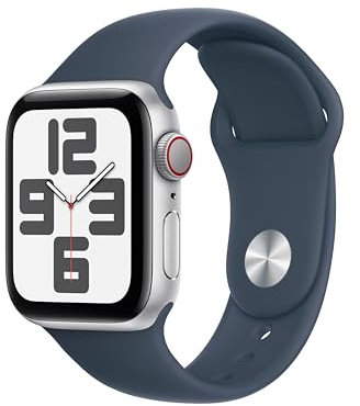 Apple Watch SE de 2.ª generación, 2023 [GPS + Cellular] Smartwatch con Caja de Aluminio en Plata de 40 mm y Correa Deportiva Azul tempestad - Talla S/M. Monitor de entreno y sueño, Pantalla Retina
