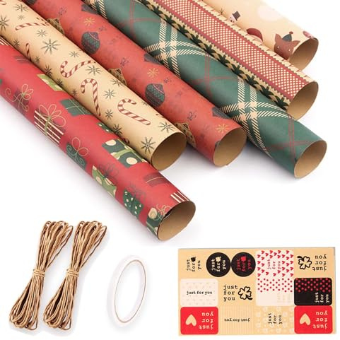 Rotolo Di Carta Da Regalo Natalizia Set 50 * 70CM, 6 fogli di carta, 1 adesivo biadesivo, corda di carta kraft 10M * 2, adesivi