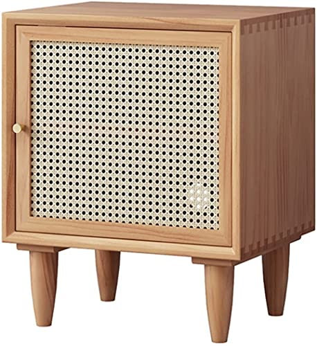 BOKNI Mesita De Noche Madera Ratán, Mesita De Noche con Puerta para Dormitorio, Mesita De Noche Multifunción Nogal, Organizador De Almacenamiento Mesa Auxiliar 45X35X55 Cm (Color: Cereza)