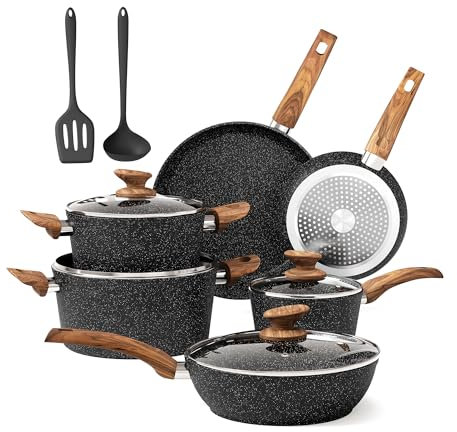 DishDelight Pots and Pans Sets Non Stick Induction Hob Pan Set 12pcs Saucepan Set with Lids Granite Cookware Nonstick Cooking Pot Frying Pan