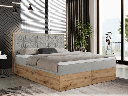 MKS MEBLE Boxspringbett 200x200 cm mit Bettkasten und Kopfteil, Polsterbett mit Matratze H4 und Topper T25, Boxspringbett mit Massivholz - Nessi - Hellgrau Strukture