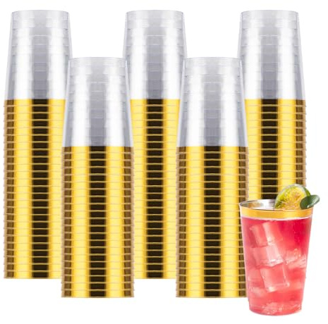 Goodluck 100PCS 10oz Gold Plastic Cups for Party, Reusable Gold Rim Cups, Plastic Cocktail Glasses for Wedding Thanksgiving, Christmas, and Parties
