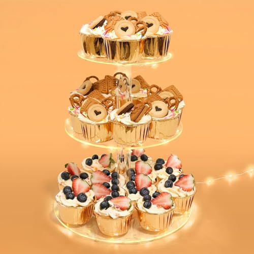Ulifeme 3 Pisos Soporte Cupcakes, Cupcake Stand Redonda de Acrilico + Luz de Cuerda LED Amarilla, Pasteles de Postre Soporte para Cumpleaños, Boda, Graduación, Aniversario & Decoración de Fiesta