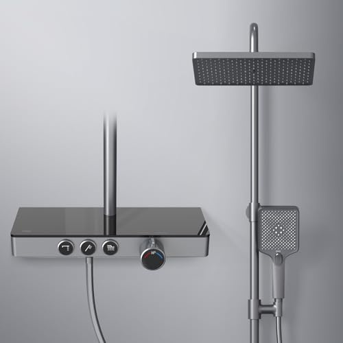 EMKE Thermostatische Duschsäule Anthrazit Matt, mit Thermostat-Regendusche und Handbrause, 3 Strahlarten, Thermostatpanel 36 cm, Regendusche 30 cm, KTW-zertifiziert