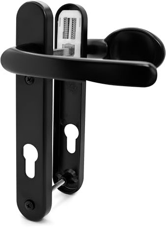 TSS Black UPVC Door Handle Pair Set, Sprung, 92mm PZ (Centres), Lever Moveable Pad, 122mm Screw to Screw (Screw centres), Backplate 212mm x 34mm - Replacement PVC Door Handle in Black