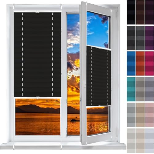 Plisseerollo Faltrollo Plissee Ohne Bohren 92 x 170 cm, Klemmträger Befestigung Klemmträger, Plissee Ohne Bohren Zum Klemmen, Thermo Plissee Ohne Bohren, für Fenster & Tür, Schwarz
