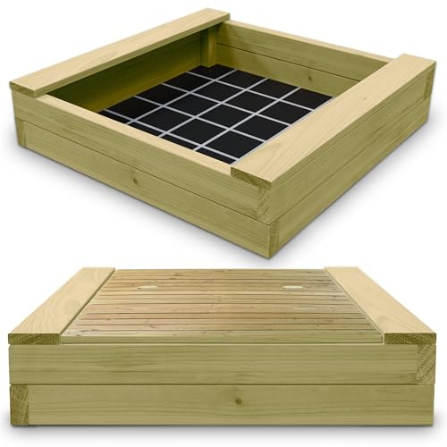 Gartenwelt Riegelsberger Massiver Sandkasten Bär 150 x 150 cm aus Kiefernholz Sandkiste Sandbox mit passendem Deckel Spielkasten inkl. Sitzbretter und Bodenplane