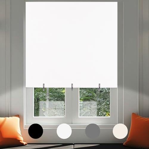 Maritown No Drill Blackout Blind Stick on Thermal Curtains, 90W x 180H cm | White, Cut to Size, Self Adhesive, Adjustable Clips, Easy Fit, Portable, Travel, Temporary, for Bedroom Nursery Kitchen, Door