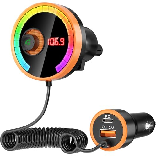 Bluetooth Adapter Auto FM Transmitter Bluetooth Transmitter für Auto Bluetooth, QC3.0-Schnellladung, Leistungsstarkes Mikrofon, HiFi-Bassklang, Freisprechen (Orange)