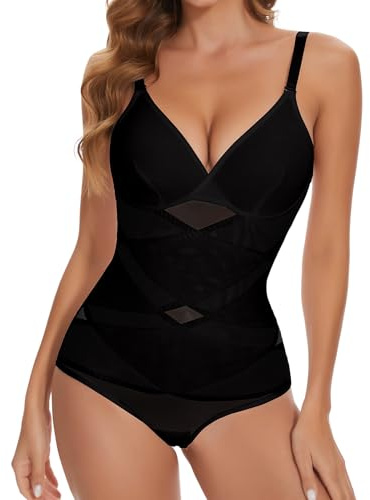 Joyshaper Shapewear Damen Body Shaper Bauchweg Formende Bodys Shape V-Ausschnitt Miederbody Figurformende Tops mit BH Schwarz,L