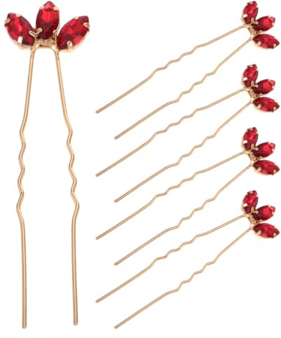 LIFKOME 5 Stück Rote Strass-Haarnadeln U-Form Hochzeits-Haarschmuck Für Damen Und Mädchen Glitzernde Haarspangen Für Braut Festlichkeiten Party Und Abschlussball