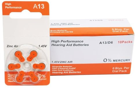 Unbranded Hearing Aid Batteries Premium Size 13 Zinc Air Mercury-Free 1.45V (60 Batteries)