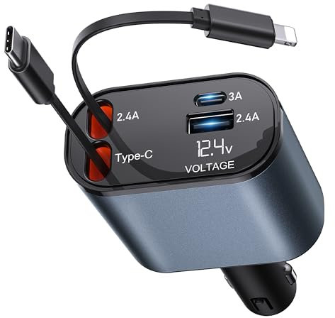 Retractable Car Charger 4-in-1 Car Phone Charger 66W Fast Charge with 2 Retractable Cables (2.6FT) and 2 USB Ports 12V Car USB Adapter Compatible with i Phone, Android, Samsung Galaxy