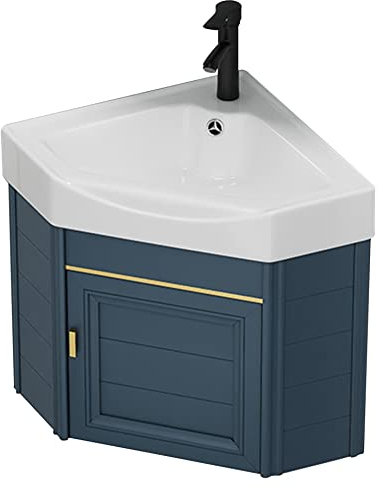 Moderno mueble de baño esquinero montado en la pared con desagüe de fregadero de cerámica y kit de instalación que incluye grifo caliente y frío y desbordamiento, ideal para lavandería o cocina