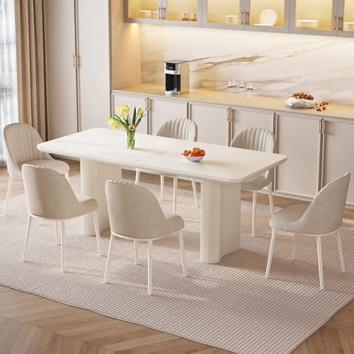 Guyii Eleganter weißer Esstisch mit 6 Stühlen, modernes Design Set für 6 Personen, gepolsterte Stühle, ideal für Esszimmer, Küche und Wohnzimmer, platzsparend