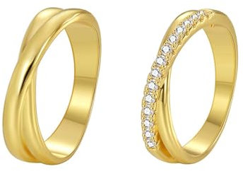 Whoiy Damen Ringe Gold 750 2er-Set 18 Karat Gelbgold, Vorsteckring Ehering Au750 mit Moissanit für Frauen Gr. 53 (16.9)