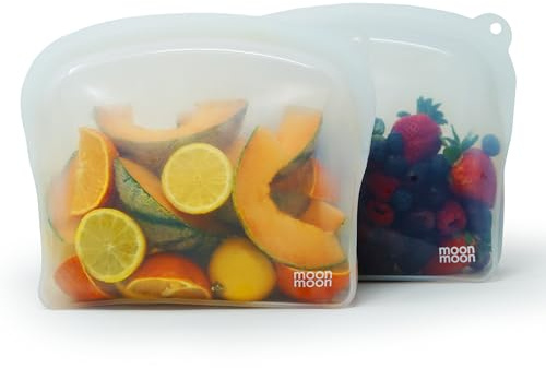 Moonmoon Reusable Silicone Bags | Silicone Freezer Bags | Set of 2 XXL Curve Bags (2000ml, clear)