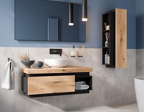 Easy4You KY Unterschrank 100 cm Matt Schwarz/Eiche mit Schublade und Ablage + Hängeschrank 30x100 cm Badezimmer Schrank Badmöbel Seitenschrank