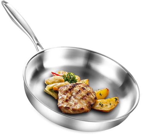 DELARLOCHEF Edelstahlpfanne 24 cm, Durchgehend 3-lagig Bratpfanne | Unbeschichtet, Induktions, Hocheffiziente und Energieeffiziente Pfannen für Steak, Ei, Spülmaschinenfest