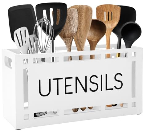 Karisky Utensil Holder for Kitchen Counter, Large 3 Compartments Solid Real Wood Utensil Caddy Organizer with 4 Non-Slip Pads, Rectangular Cooking Tools Storage for Countertop, White