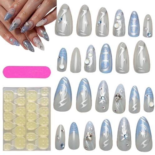 Press on Nails Light Blue, Silver Designs Acrylic Nails, Glue on False Accessories, Women Hand Beauty Manicure Stickers for Birthdays, Holidays