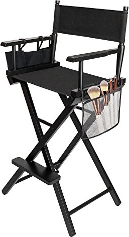 Bonnlo Make Up Chair Professional for Makeup Artist 66cm Hight, Foldable | Directors Chairs Folding, with Portable Storage Side Bags & Footrest, Solid Hardwood & Polyester (Black, 31in)