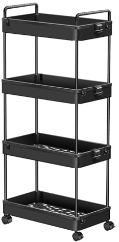 Xinng 4-Tier Servierwagen mit Rollen, Küchenwagen aus Metall mit Bremsen, Mobiler Allzweckwagen für Wohnzimmer, Küche, Bar, Büro – Stabiler Rollwagen mit 3 Ebenen, Schwarz, 38.8x21.8x90cm