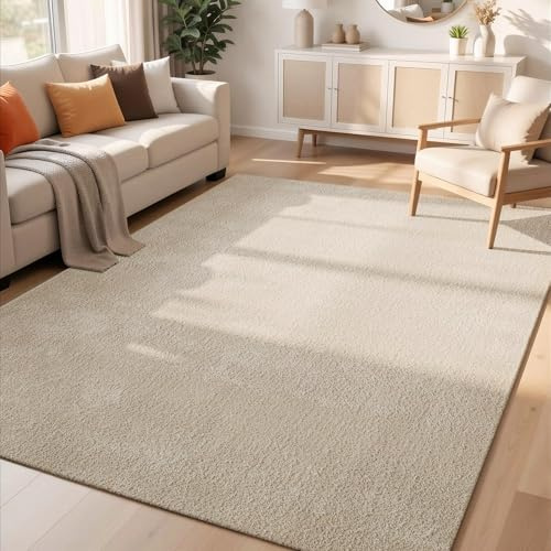 Comfy Washable Modern Living Room Rug Polyester Plain Indoor Area Rug with Low Pile - Anti-Slip Felt Backing SuperSoft Carpet Bedroom-Hallway, Light Beige, 120x160 cm