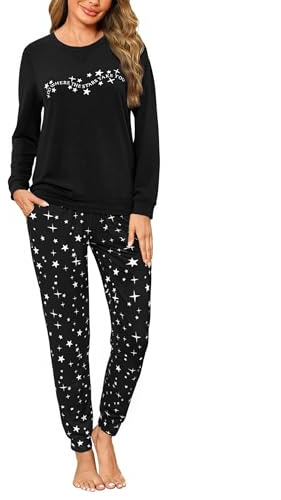 Marvmys Women's Pyjamas Set Long Sleeve Pyjamas Set Ladies Cotton Sleepwear Pjs Round Neck Soft Top and Long Bottoms with Pockets Black