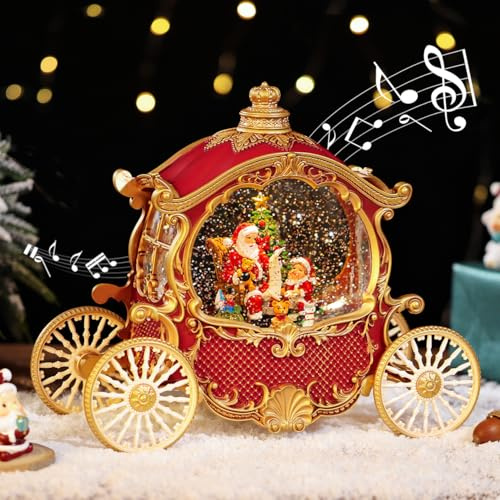Lewondr Weihnachts-Schneekugel, Santa in Einer Kutsche Elektrische Schneekugel mit Wirbelnden Schneeflocken & 8 Melodien, Batterie und USB Betrieben, Wasserkugel für Weihnachtsdekoration, Rot