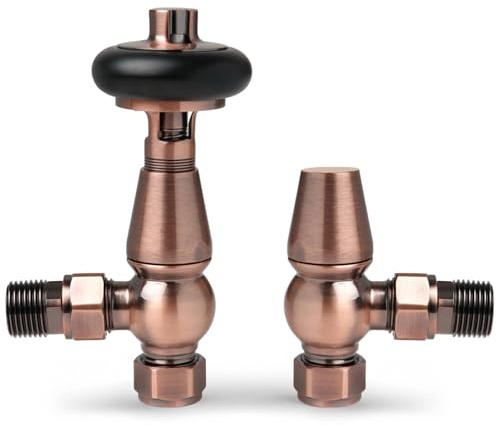 Copper Traditional Angled Radiator Valves Antique Radiator Valves 15mm x 1/2 for Heated Towel Rails & Central Heating Radiators Wood Head Brass Radiator Valve Set