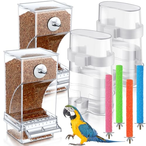 Yaomiao 8 Pcs No Mess Small Bird Feeders Automatic Parakeet Water Dispenser with 4 Pcs Cage Perch Clear Quail Feeder and Watered Cage Accessories for Small and Medium Parakeet Cockatiel Canary(Clear)