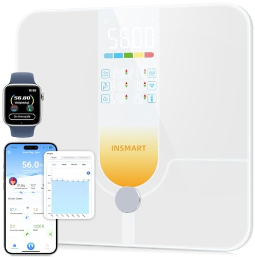INSMART Báscula de grasa corporal con pantalla grande, 30 x 30 cm con APP/Bluetooth/sensor de superficie completa, báscula corporal que analiza los 18 datos de medición, IMC, peso, grasa corporal