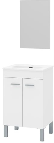 Baikal Mueble de Baño. 2 Puertas. Armario con Patas. Incluye Lavabo Cerámico y Espejo Liso. Mueble Auxiliar. Gabinete de Baño. Armario Auxiliar. Se Entrega en Kit. 50cm Blanco.