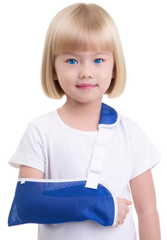 Embhlitfe Kids Adjustable Arm Sling for Shoulder Injury - Breathable 3D Mesh Support Sling Prevents Arm Swing, Fits Left/Right Hands Large Size 32x13cm (Blue)