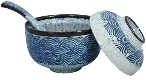 Gatuida Ciotole Da Portata in Ceramica Giapponese Con Coperchio, Ciotola Per Zuppa e Stufato, Set Da 2 Pezzi Per Uso Domestico e Ristorante, Design Onda Per Noodles e Uova Al Vapore