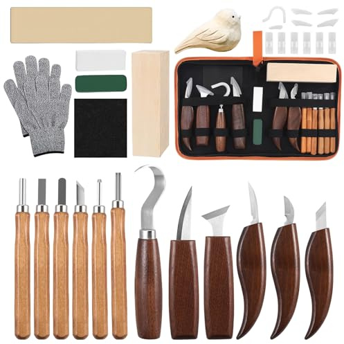 20 Stück Holz Schnitzwerkzeug Set mit 12 Schnitzmesser,Schnitzset für Anfänger und Profis Schnitzen enthalten Lindenholz,Handschuhen,Werkzeugtasche aus Leder,Kreativ Holzschnitzwerkzeug Set